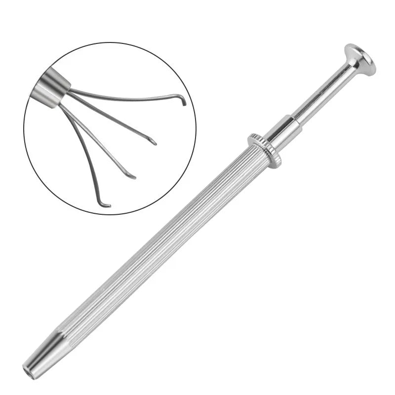 A silver precision diamond gripper tool with a long shaft and a gripping tip, shown next to an inset diagram.