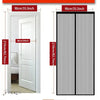 A pair of black magnetic mesh mosquito curtains for doors and windows, shown next to a white door frame.