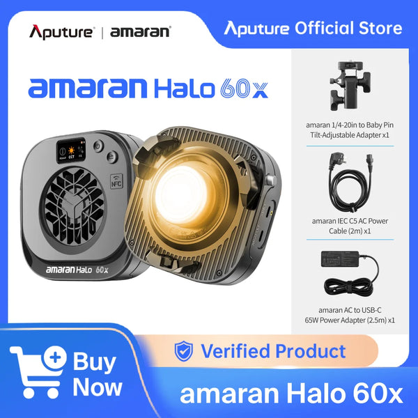 Amaran Halo 60x professional bi-color LED video light with a heat sink and adapter cables
