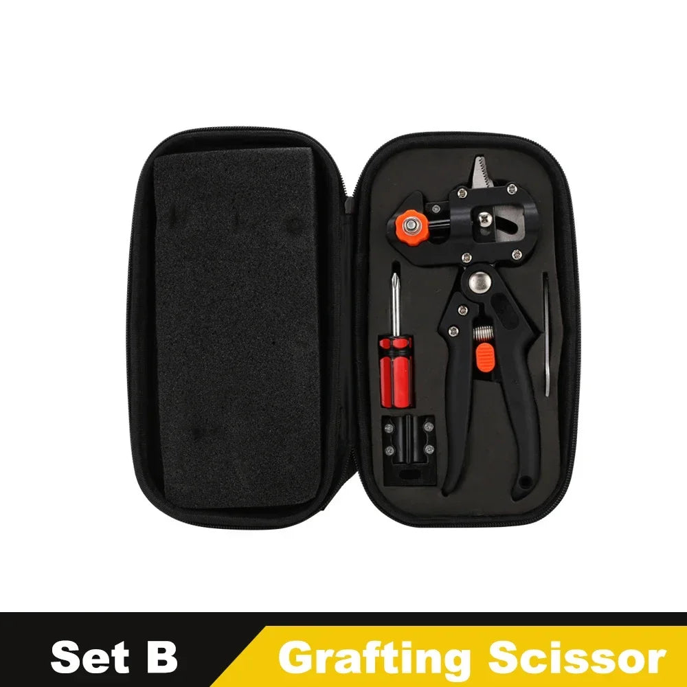 Black professional grafting scissor set with metal tools inside a padded case
