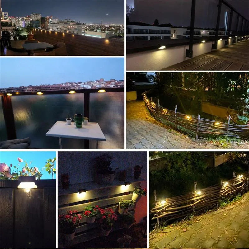Verschiedene Bilder von Solarlampen, die Außengeländer, Wege und architektonische Merkmale bei Nacht beleuchten.