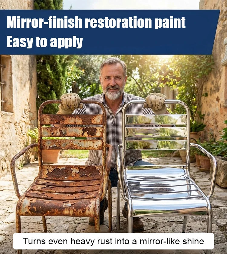 Un hombre sostiene una silla de metal oxidado y una silla cromada brillante, demostrando pintura de restauración de acabado e