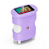 A purple digital handheld microscope for kids with a screen displaying a butterfly