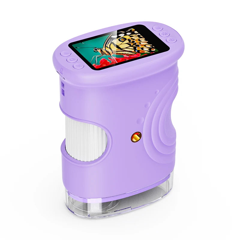 A purple digital handheld microscope for kids with a screen displaying a butterfly