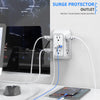 A white surge protector outlet is shown plugged into a wall, with a blue cable connecting to a laptop and a small device.
