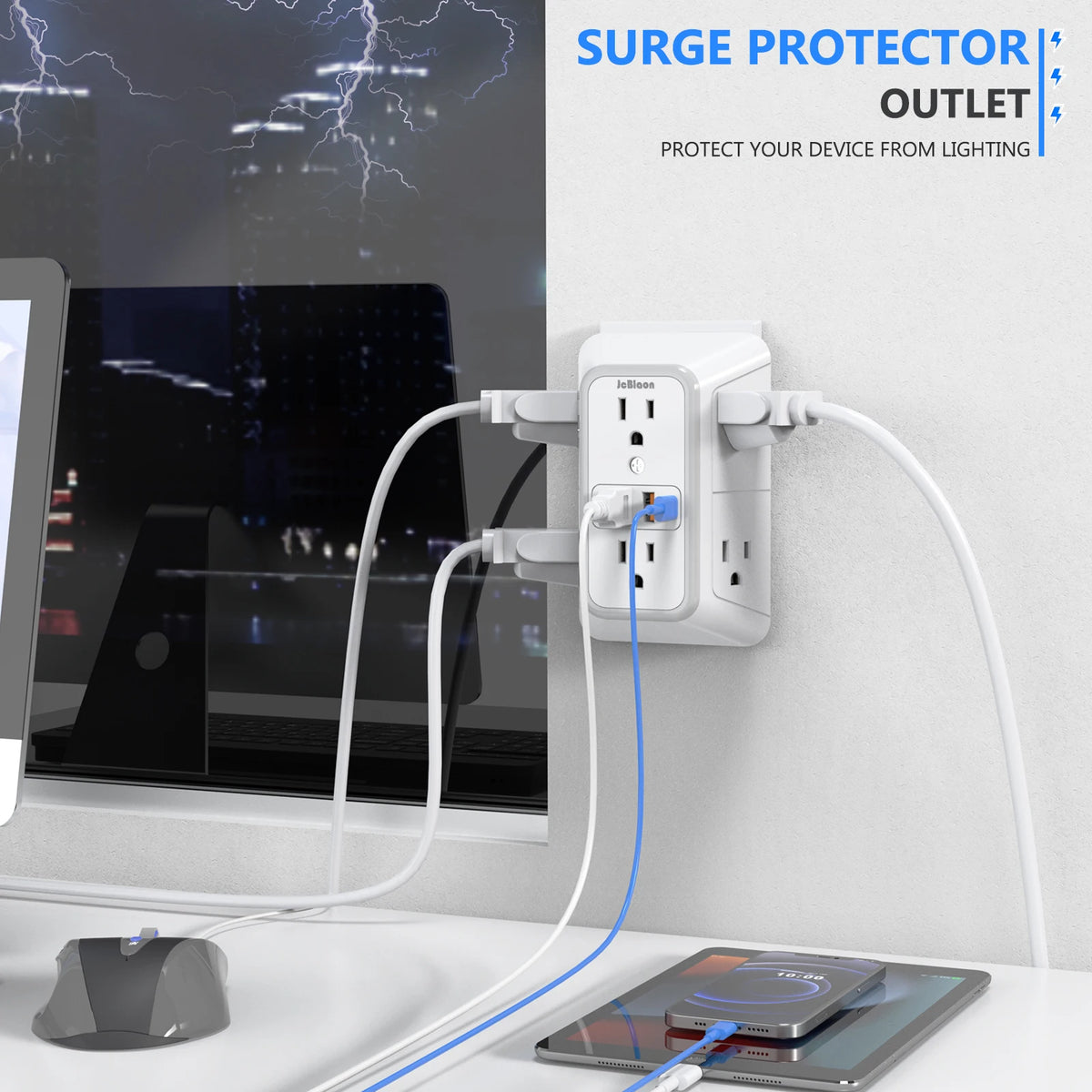 A white surge protector outlet is shown plugged into a wall, with a blue cable connecting to a laptop and a small device.