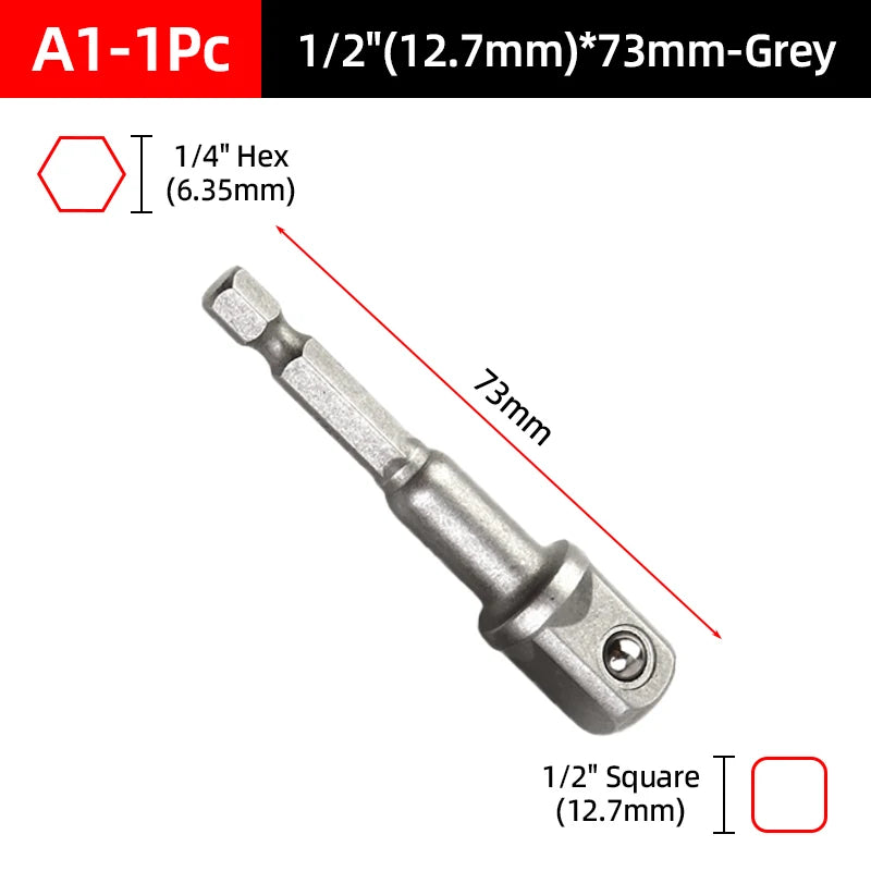 A 1Pc 1/2 inch (12.7mm) square hex socket adapter in grey with a 73mm length.