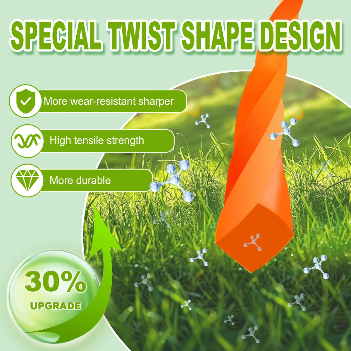 Orange twist shaped lawn trimming line spool with text highlighting features like increased sharpness, tensile strength, and 