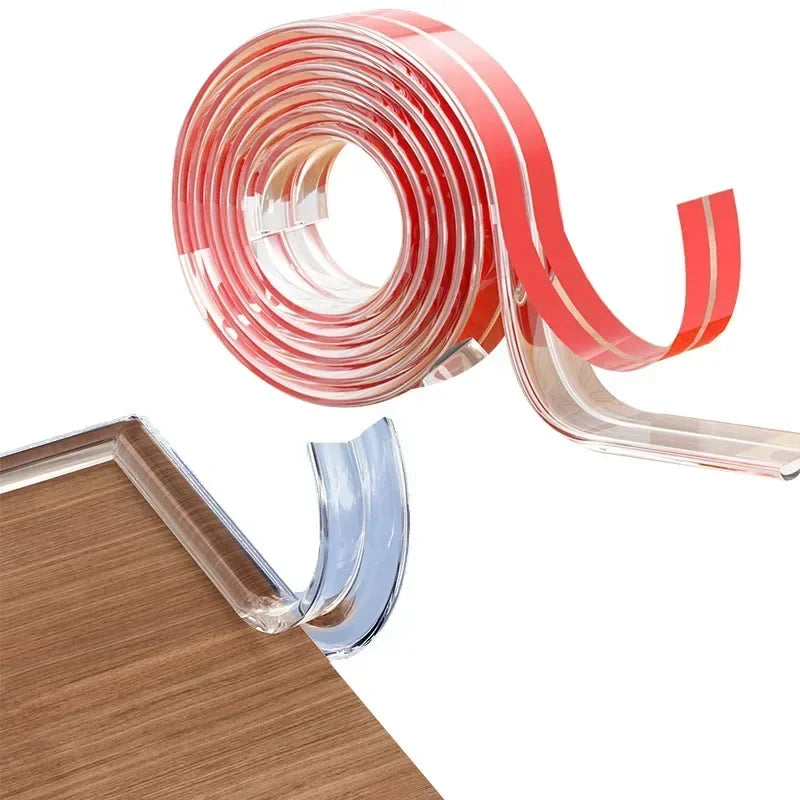 Roll of transparent PVC baby safety edge guards in pink and clear plastic, shown being installed on a wooden surface.