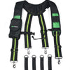Black heavy-duty tool belt suspenders with green accents and metal clasps.