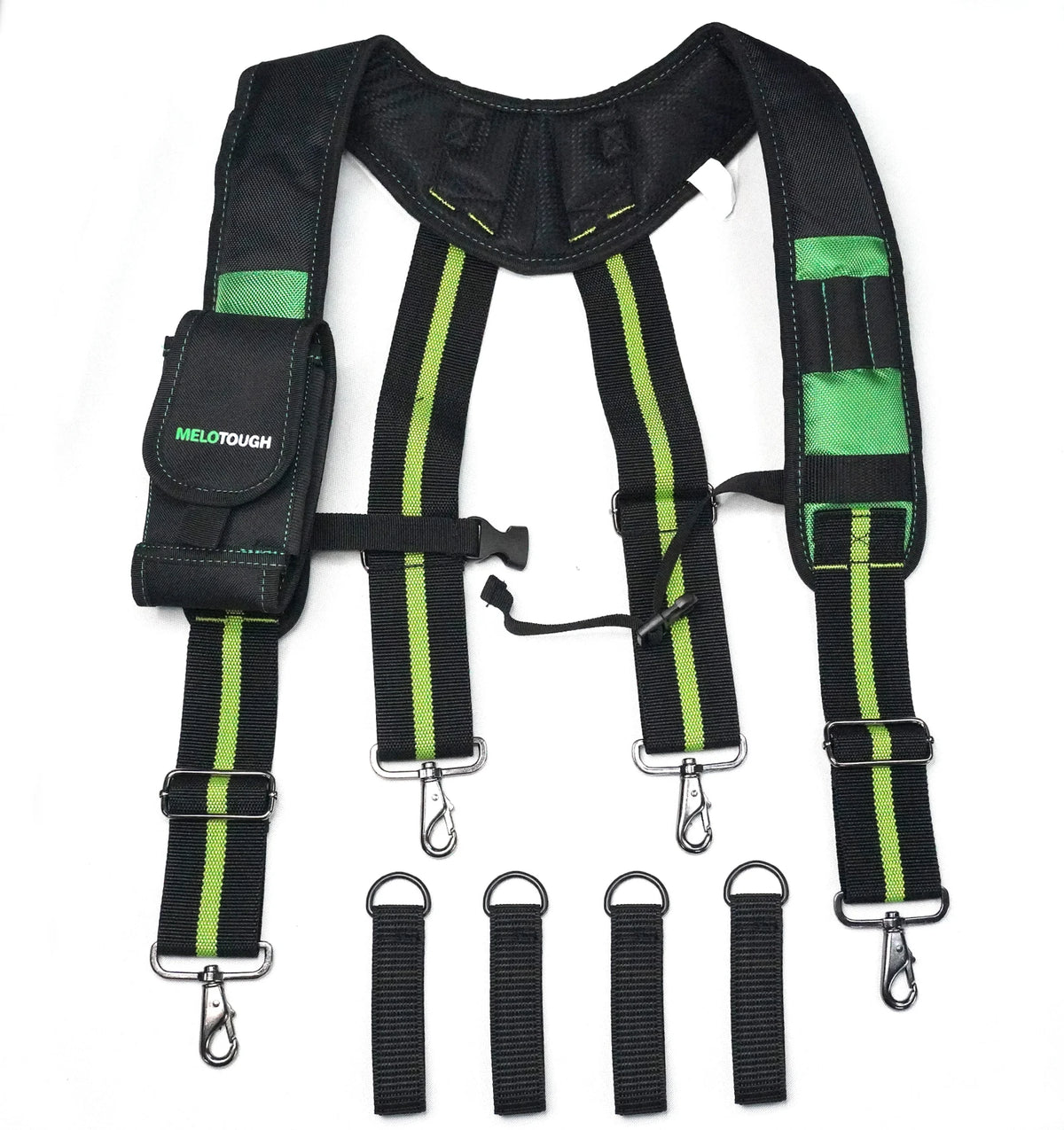 Black heavy-duty tool belt suspenders with green accents and metal clasps.