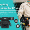 A person wearing a light-colored shirt is holding a black tool pouch set designed for heavy duty electrician tools.