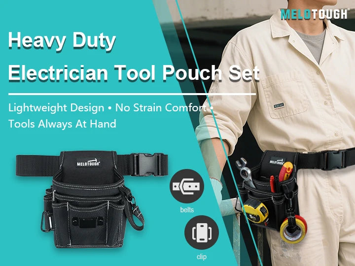 A person wearing a light-colored shirt is holding a black tool pouch set designed for heavy duty electrician tools.