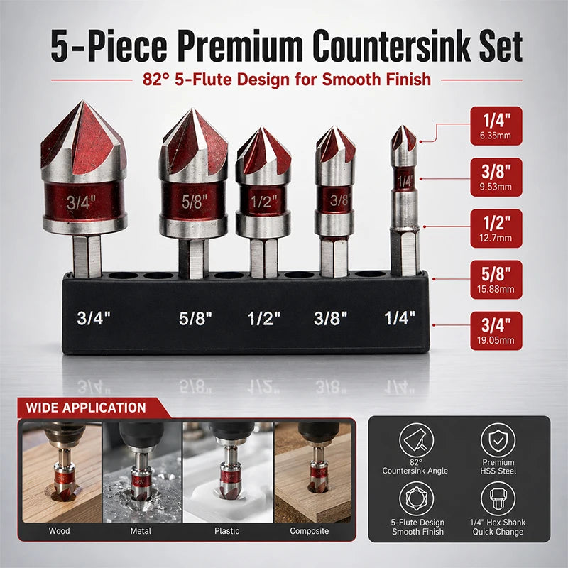 A set of five premium countersink drill bits with various shank sizes and a 5-flute design for smooth finish.