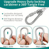Stainless steel locking carabiner with a 360 degree rotating hook design shown in steps for use