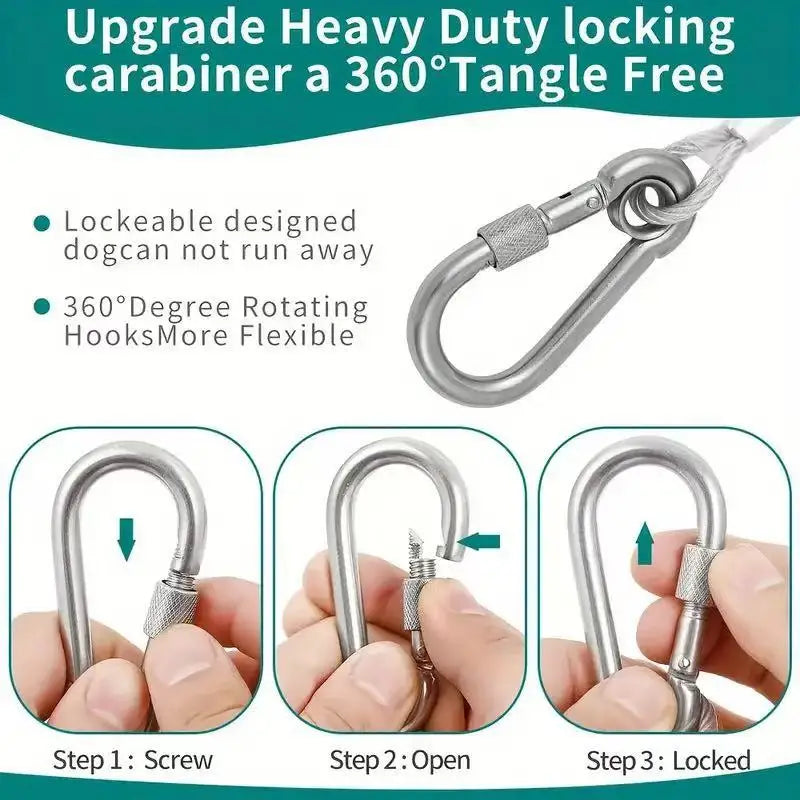 Stainless steel locking carabiner with a 360 degree rotating hook design shown in steps for use