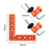 Orange 90 degree precision corner clamps with silver metal arms and black handles