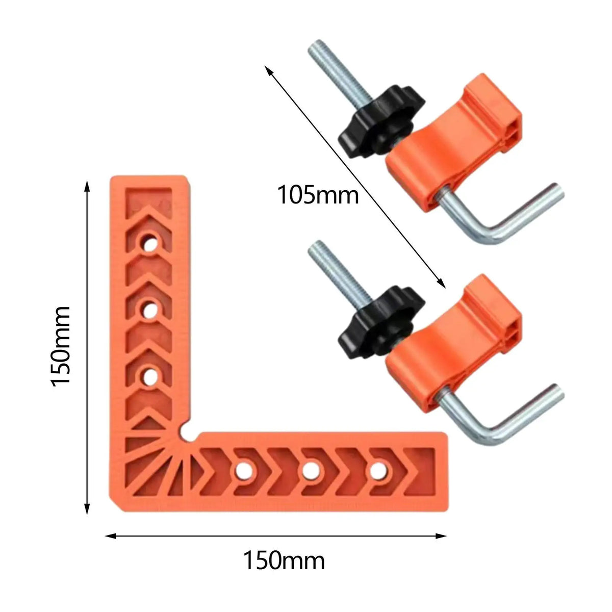 Orange 90 degree precision corner clamps with silver metal arms and black handles