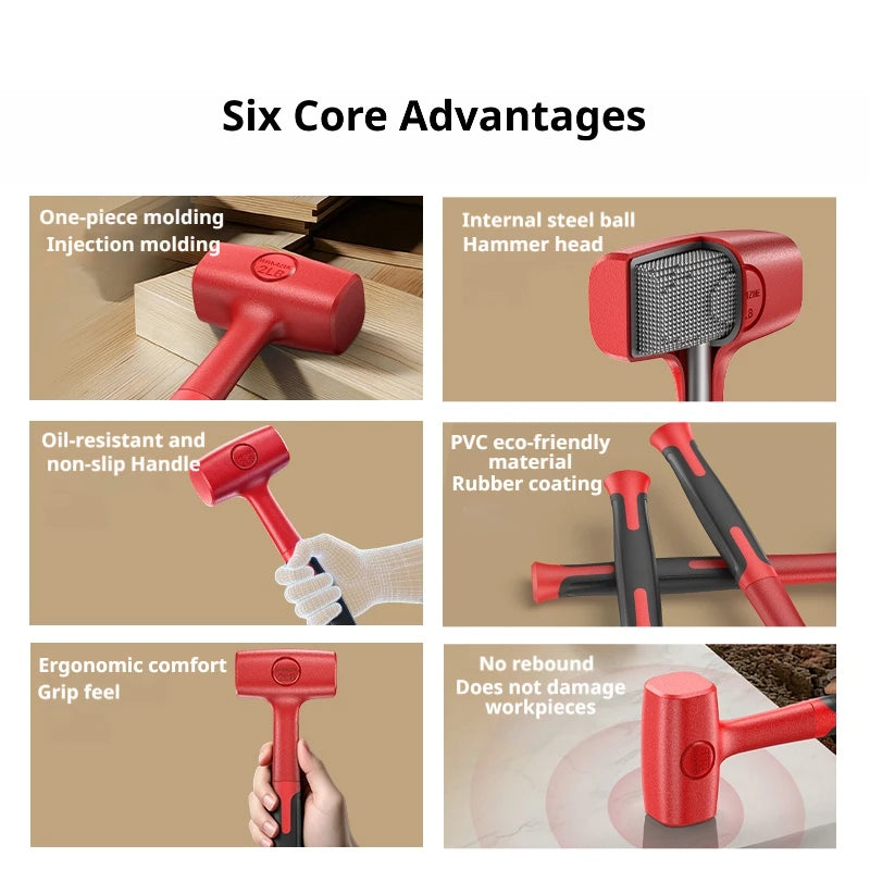 A set of six red rubber hammers showing various features like one-piece molding, internal steel ball hammer head, and ergonom