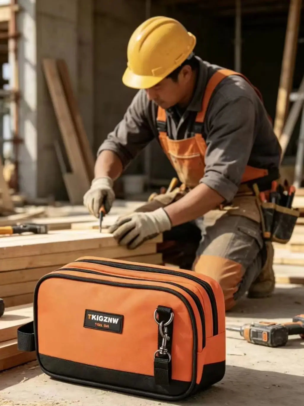 A man in an apron is working on a wooden surface while an orange canvas tool bag rests nearby.
