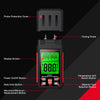 A digital wood moisture meter shows various buttons and a display screen with measurements.
