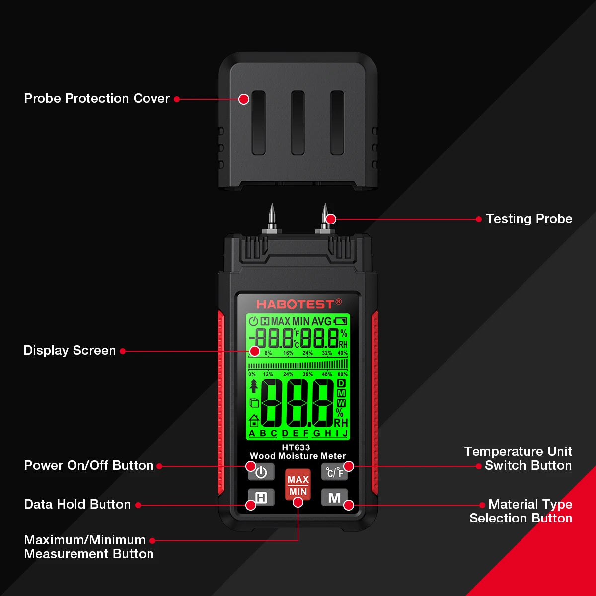 A digital wood moisture meter shows various buttons and a display screen with measurements.