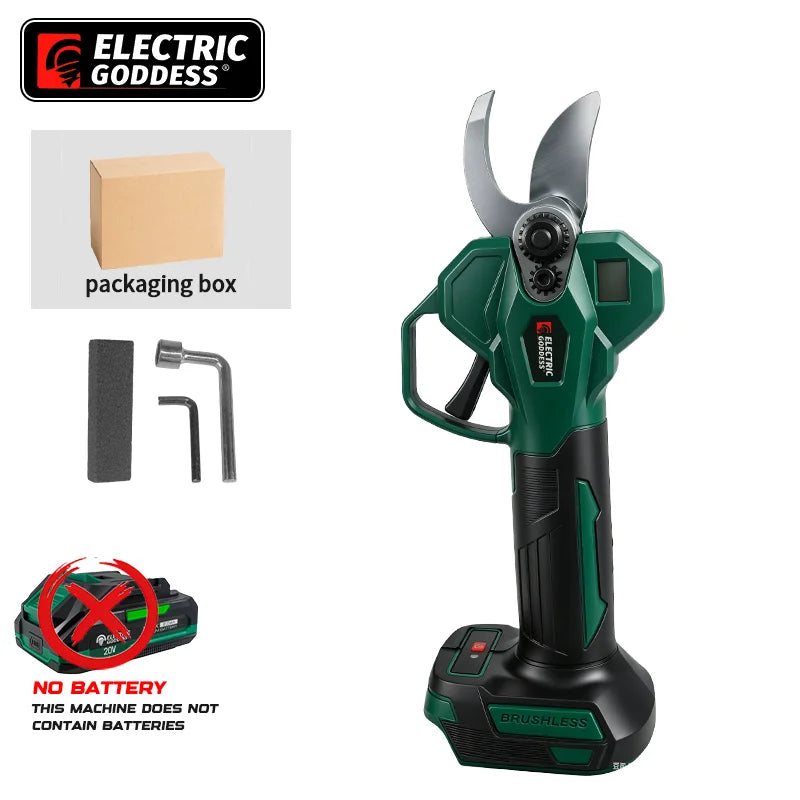 A green electric pruning shear tool with a large blade and battery pack is shown next to its packaging box.