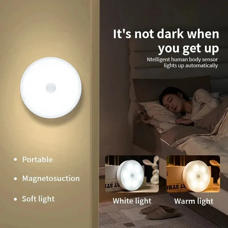 A white, round wall light fixture illuminates a bedroom setting, demonstrating automatic motion sensor night light functional