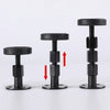Three black adjustable threaded bed frame anti-shake tools shown vertically with an upward arrow indicating adjustment.