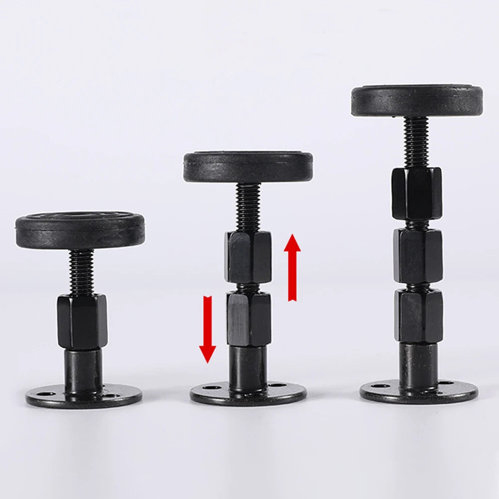 Three black adjustable threaded bed frame anti-shake tools shown vertically with an upward arrow indicating adjustment.