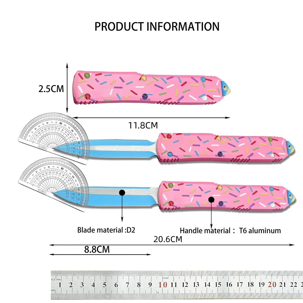 A pink tactical folding knife with a D2 blade and T6 aluminum handle shown in various views and dimensions.