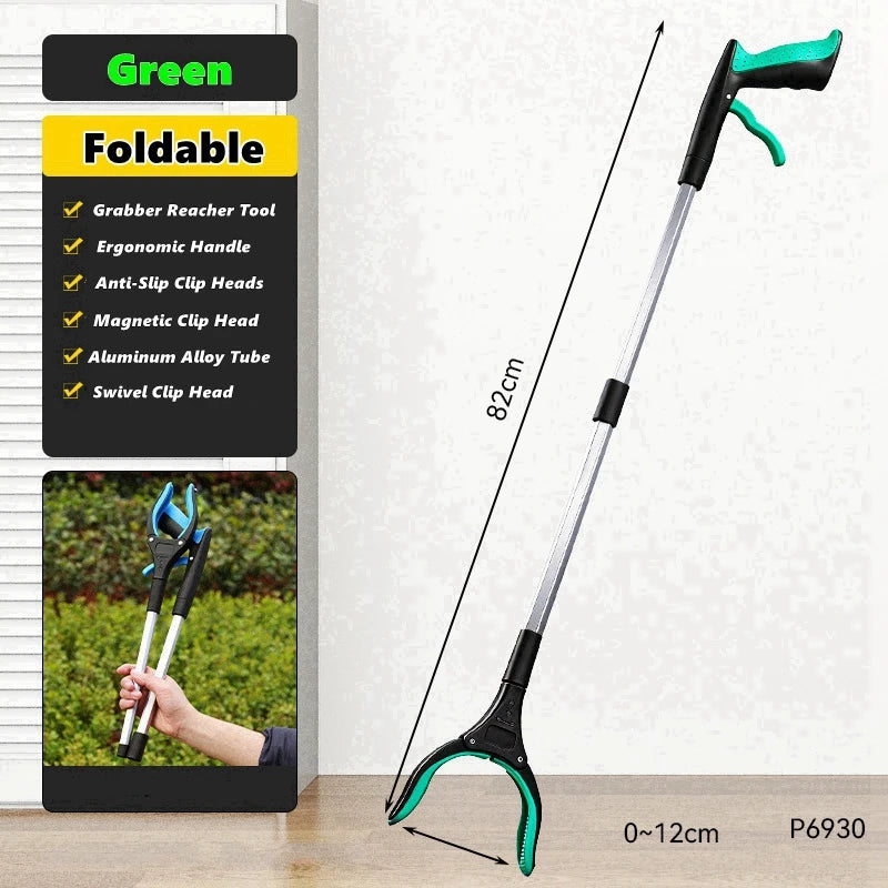 A green foldable silicone garbage grabber tool with a black handle and silver tube is shown against a white background.