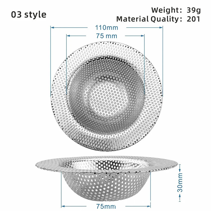 Stainless steel sink strainer drain filter mesh with 110mm diameter and 75mm depth.