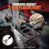 A powerful magnet 3 LED flashlight is shown being used to access hard-to-reach places on a vehicle engine component.