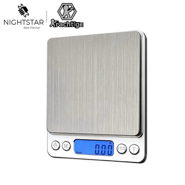 A silver digital jewelry scale with a rectangular body and a blue display showing 0.00.