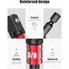 A close-up view of a red impact socket adapter with a 3/8 position and a hexagonal handle, showing its reinforced design.
