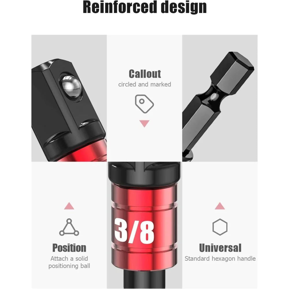 A close-up view of a red impact socket adapter with a 3/8 position and a hexagonal handle, showing its reinforced design.