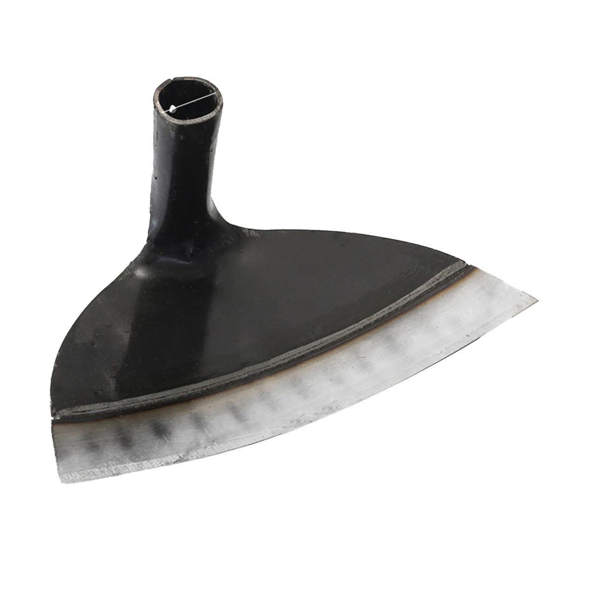 A professional stainless steel garden hoe with a curved blade and a narrow handle.