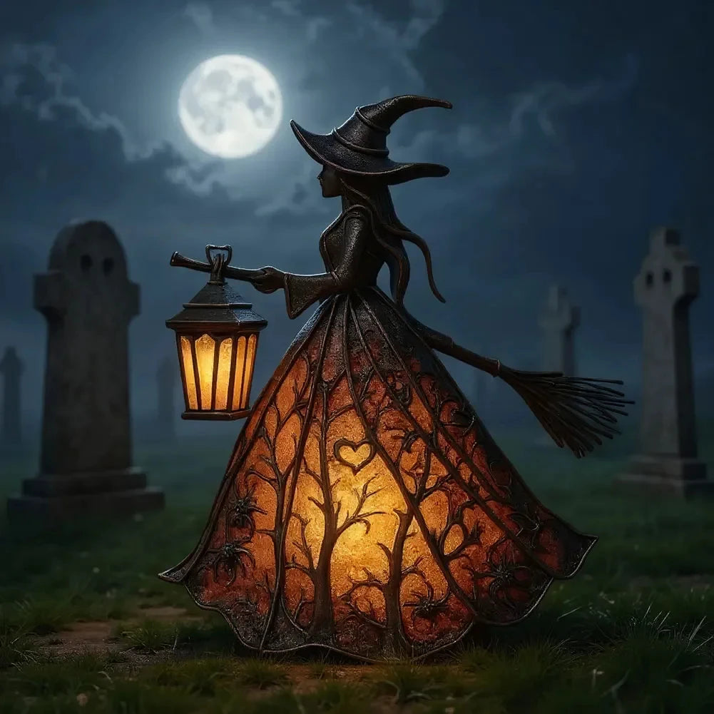 Silueta de una bruja con sombrero puntiagudo junto a una linterna brillante en un campo de hierba bajo una luna llena.