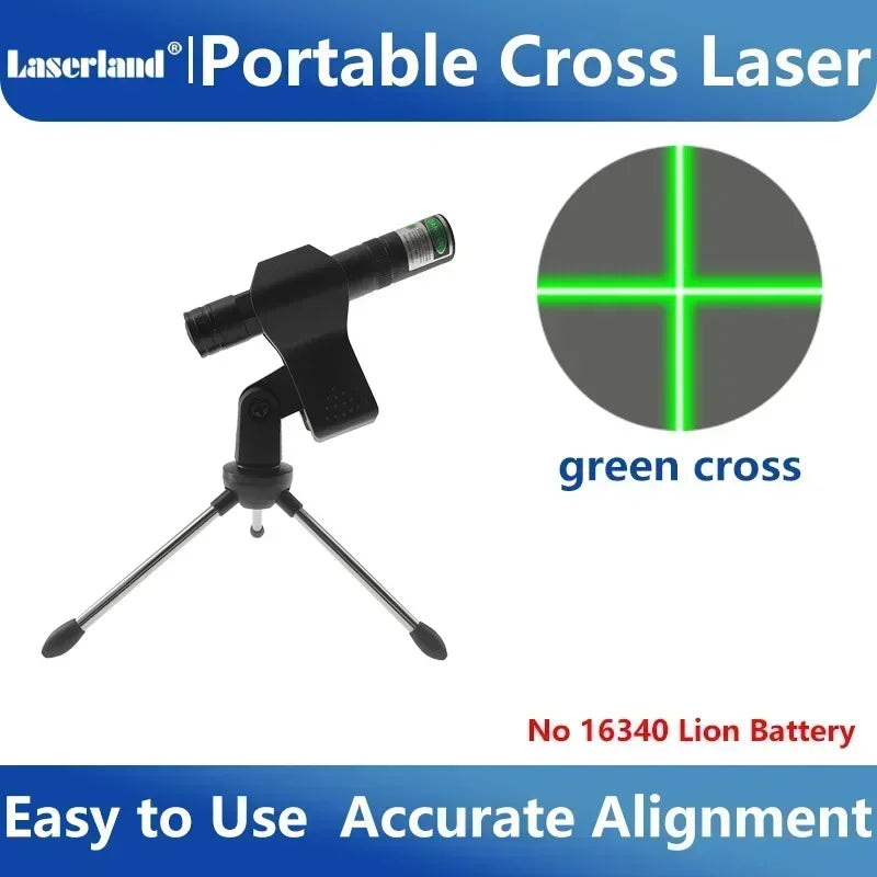 Portable cross laser module with a green cross beam displayed on a dark base.