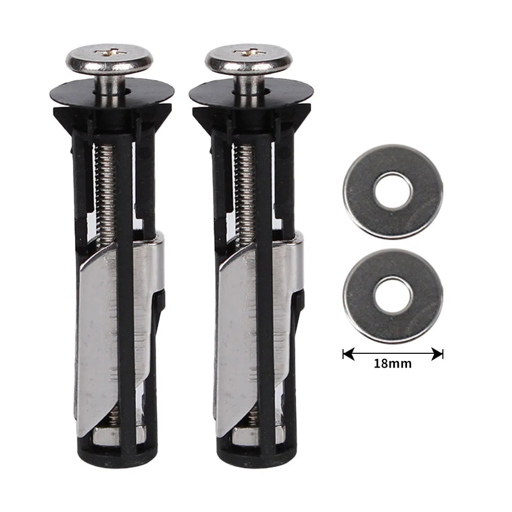 Two stainless steel toilet seat hinge bolts with black plastic components and washers