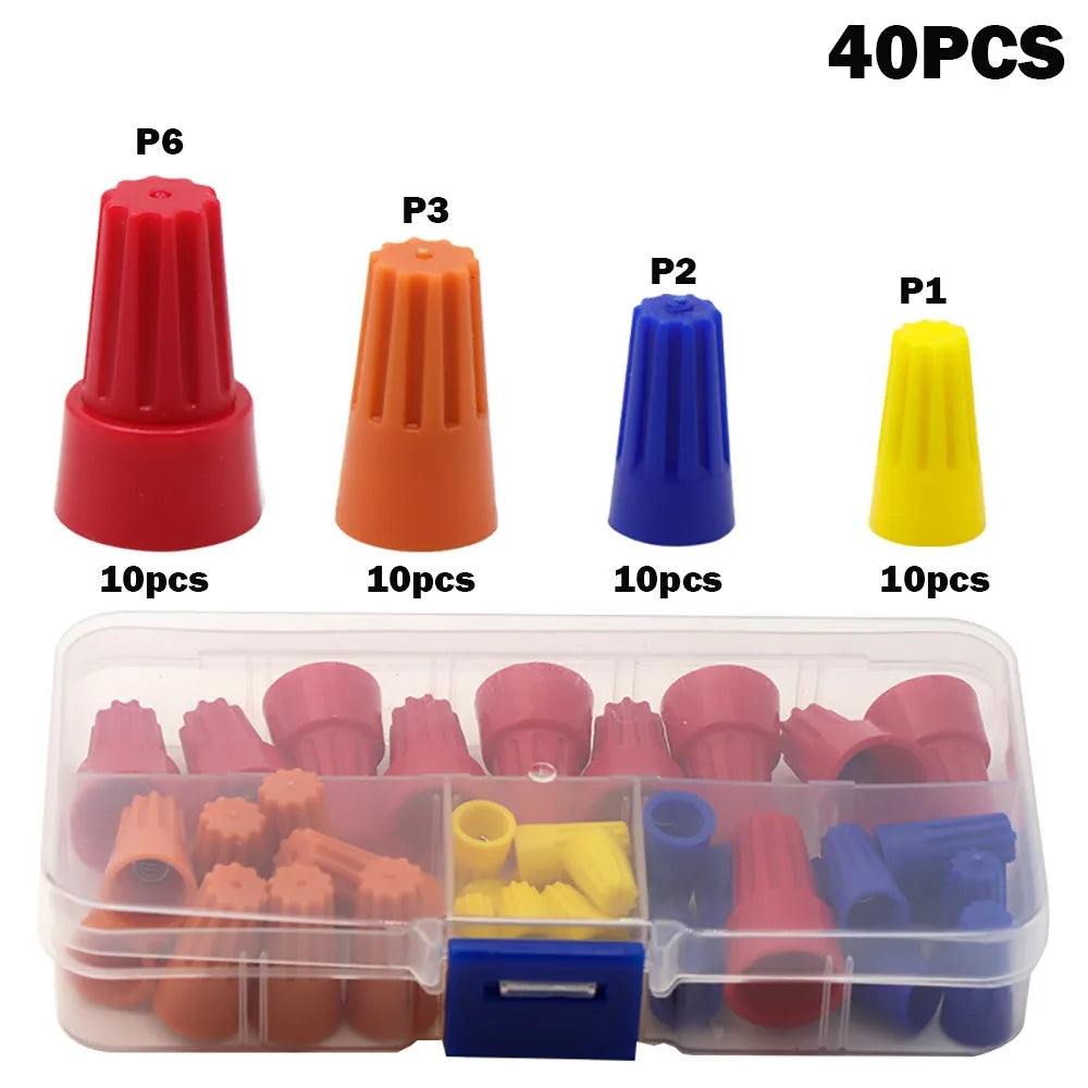 A set of 40 insulated wire connector nuts in various colors and sizes packaged in a clear plastic container.
