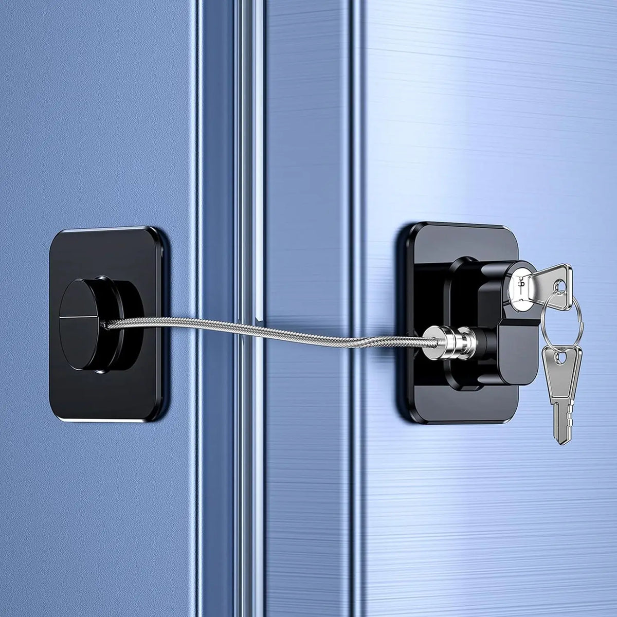 A black baby safety cabinet lock with a key is shown attached to a light blue cabinet door.