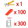 A set of professional tile leveling and spacing tools including a yellow tool, red strips, and clear plastic guides.