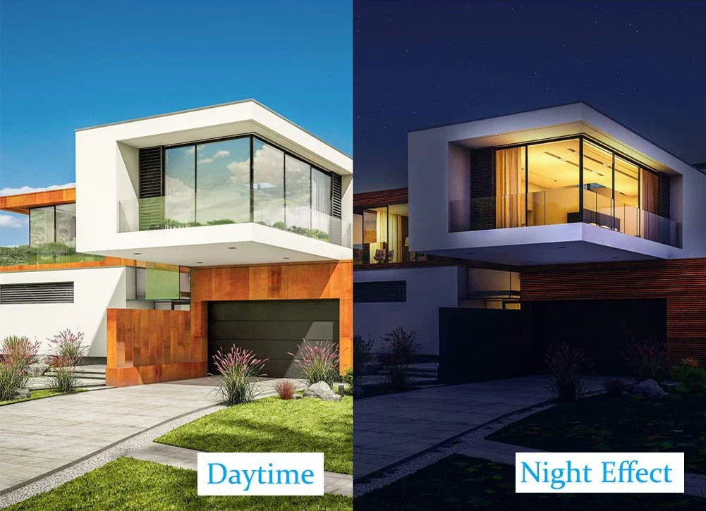 Image divisée montrant l'extérieur d'une maison moderne de jour et de nuit, mettant en évidence le film vitré à sens unique.