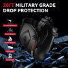 A black auto darkening welding helmet is shown against a dark, rocky background, highlighting its military grade drop protect