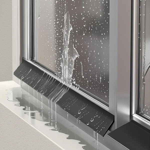 A black self-adhesive water barrier strip is installed on a window sill, preventing water from entering the glass.