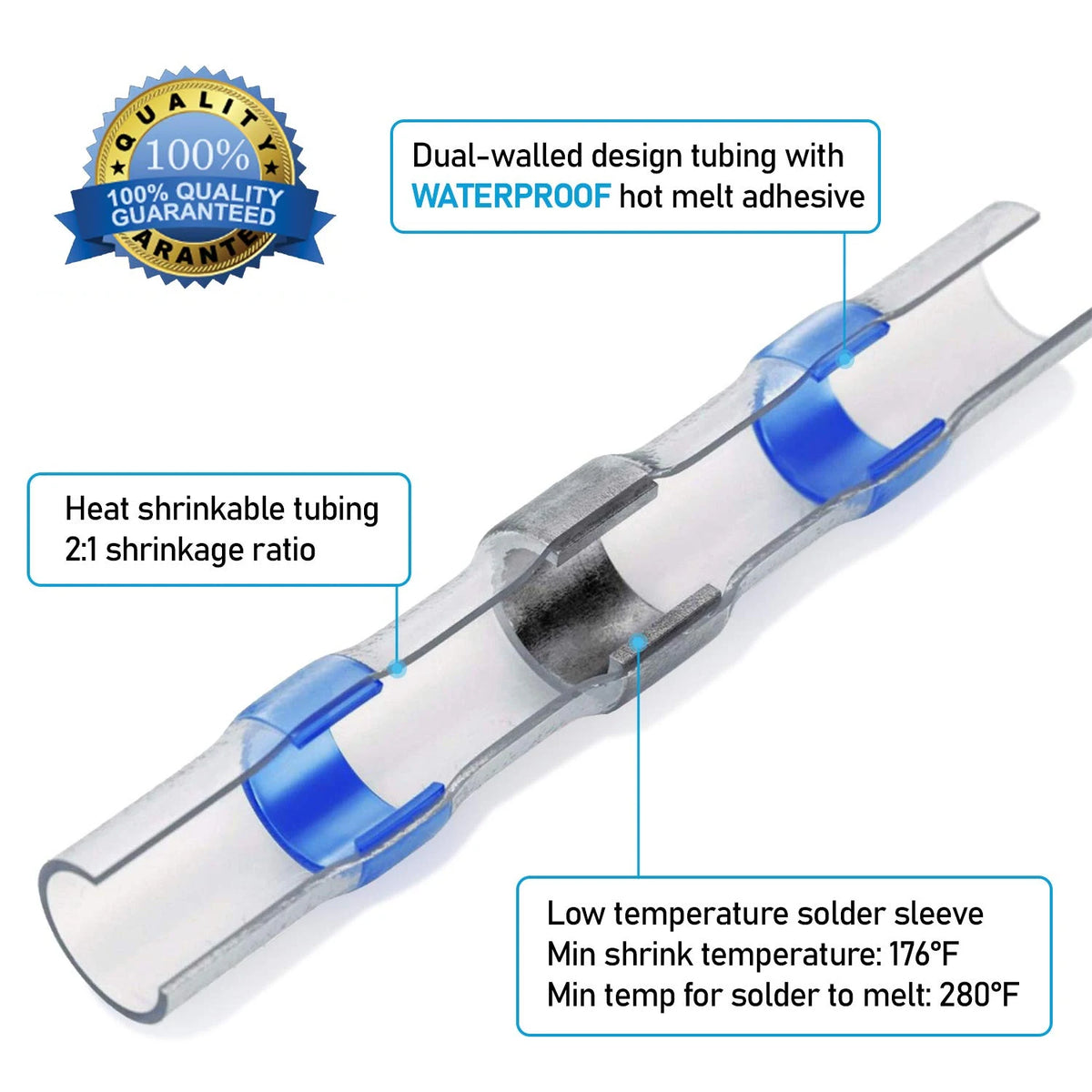 Dual-walled heat shrink tubing with waterproof hot melt adhesive and a low temperature solder sleeve for crimping terminals