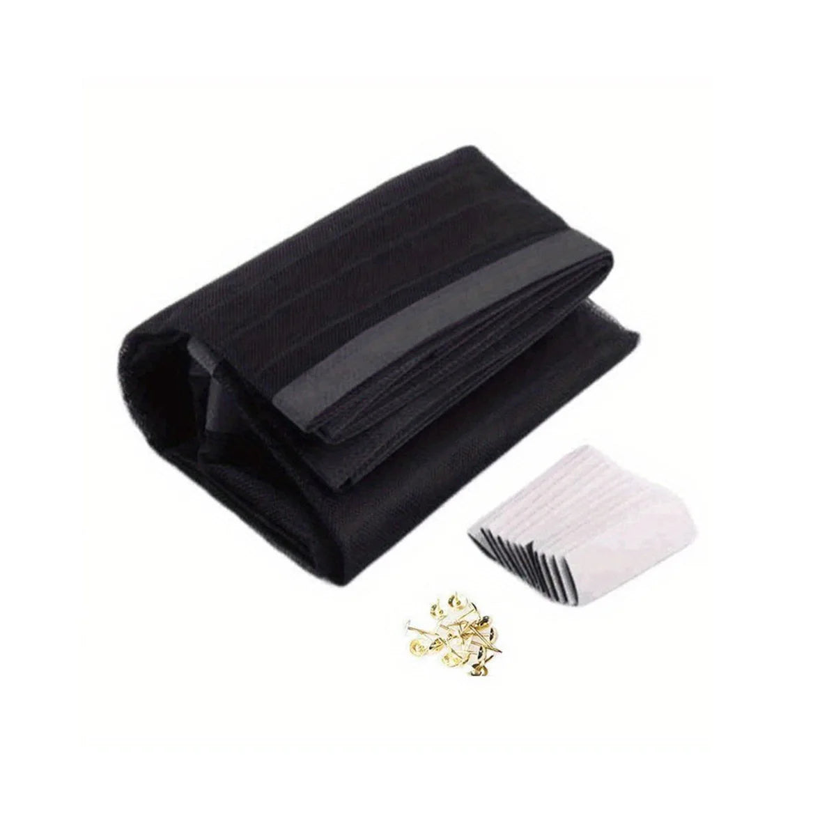 Black mesh door screen with gold magnetic hardware for insect protection
