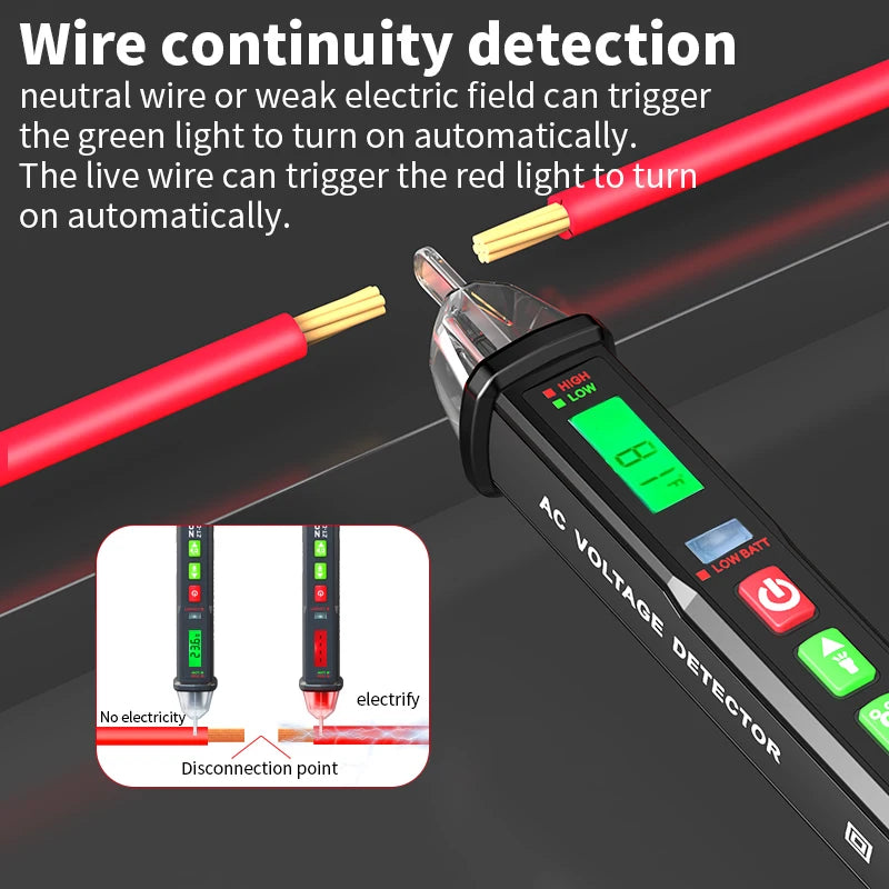 Digital non-contact voltage tester pen detecting live wires and neutral wires with green and red lights